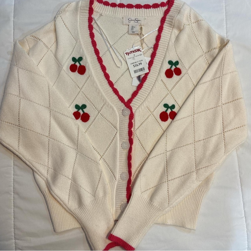 Cherry Embroidered Cream Cardigan Sweater